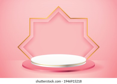 3d Product Display Pink And White Podium Themed Islamic With Gold Star For Ramadan