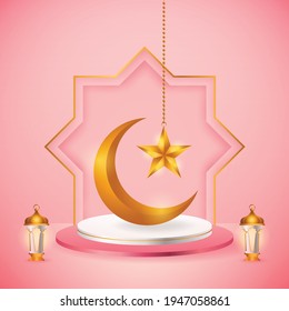 3d product display pink and white podium themed islamic with crescent moon, lantern and star for ramadan