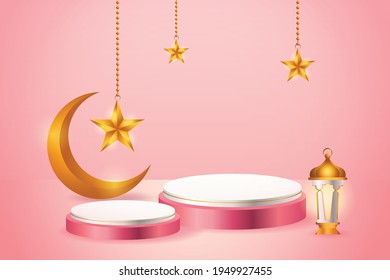 3d exposición de producto con tema de podio rosa y blanco islamic con luna creciente, linterna y estrella para ramadán
