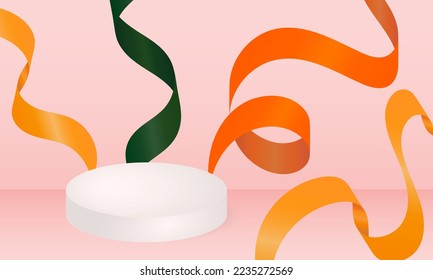 3d product display podium background with colorful ribbons. Festive scene background. Product presentation, mock up, stage pedestal, cylinder podium or platform. Autumn colors