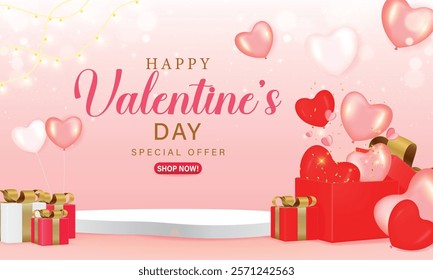 3d product display podium. Composition design with gift boxes and heart shape balloons. Minimal pink background for Mother's day and Valentine's Day.