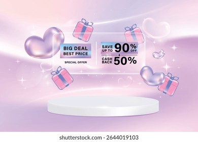3D product display podium. Composition design with transparency coupon discount and gifts and heart shape chrome color. Sale banner template design for web or social media. Vector banner template.