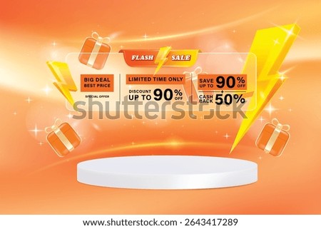 3D product display podium. Composition design with coupon discount and 3D thunder bolt. Flash Sale banner template design for web or social media. Vector banner template.