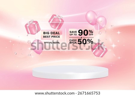 3D product display podium. Composition design with coupon discount and 3D pink Gift box and pink balloon. Big Sale banner template design for web or social media. Vector banner template.