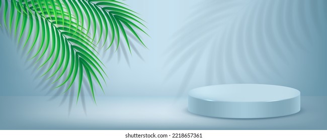 3d product display podium for mockup cosmetics. 3d realistic pedestal with palm leaves.The stage for the showcase. Minimalist wall scene for mockup product display.3d podium vector illustration.