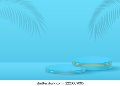 3d podio de exposición de productos para cosméticos de simulación. 3d pedestal realista con hojas de palma. El escenario para la vitrina. Escena de pared minimalista para la visualización de producto de simulación.Ilustración vectorial de podio 3d.