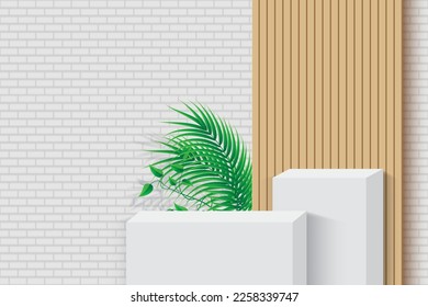 3d pantalla de producto podio sobre fondo de pared de ladrillo en bloque decorado con textura de línea vertical de madera. 3d peatón cubo blanco realista con decoración de ventana y cortina. Ilustración vectorial de podio 3d.