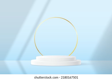 3d product display podium platform. 3d realistic cylinder pedestal podium. Minimal wall scene for mockup product display. 3d Vector illustration.