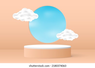 3d product display podium platform. 3d realistic cylinder pedestal podium. Minimal wall scene for mockup product display. 3d Vector illustration.