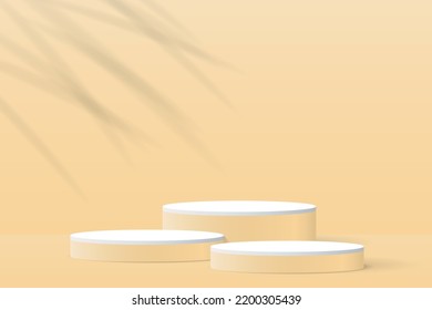 3d product display podium platform. 3d realistic cylinder pedestal podium. The stage for the showcase. Minimal wall scene for mockup product display. 3d podium vector illustration.