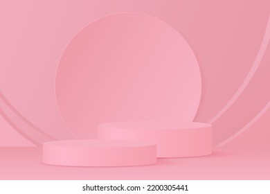 3d plataforma de podio de visualización de producto. 3d podio peatonal de cilindro rosa realista. El escenario de la vitrina. Escena mínima de pared para la visualización de productos de simulación. Ilustración vectorial de podio 3d.