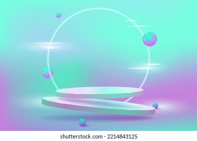 3d product display podium platform. 3d podium and balls floating in the air. The stage for the showcase. Minimalism abstract scene background for mockup product display. 3d abtract background.