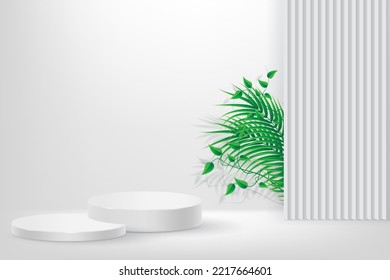 3d plataforma de podio de visualización de producto. 3d podio peatonal de cilindro blanco realista. El escenario de la vitrina. Escena mínima de pared para la visualización de productos de simulación. Ilustración vectorial de podio 3d.