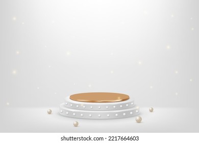 3d product display podium platform. 3d realistic white and gold cylinder pedestal podium. The stage for the showcase. Minimal wall scene for mockup product display. 3d podium vector illustration.