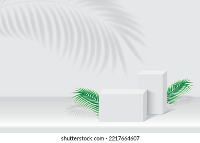 3d plataforma de podio de visualización de producto. 3d peatón cubo gris realista con hojas de palma. El escenario para la vitrina. Escena de pared minimalista para la visualización de producto de simulación.Ilustración vectorial de podio 3d.