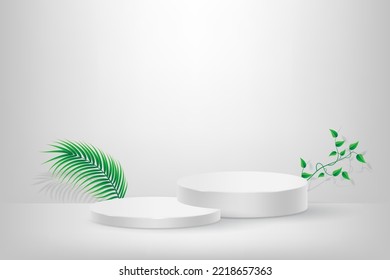 3d plataforma de podio de visualización de producto. 3d podio peatonal de cilindro blanco realista. El escenario de la vitrina. Escena mínima de pared para la visualización de productos de simulación. Ilustración vectorial de podio 3d.