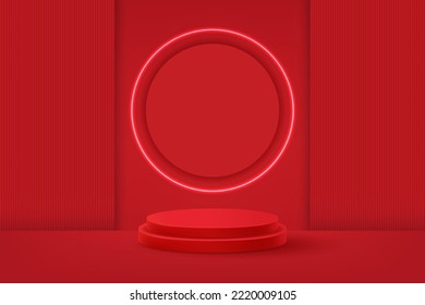 3d plataforma de podio de visualización de producto. 3d podio peatonal de cilindro rojo realista. El escenario de la vitrina. Escena mínima de pared para la visualización de productos de simulación. Ilustración vectorial de podio 3d. 3 quinquies de fondo.