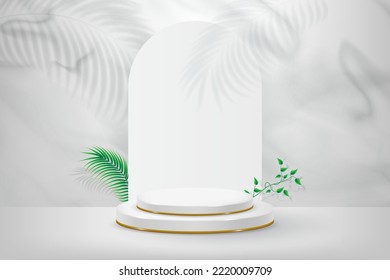 3d product display podium platform. 3d realistic white cylinder pedestal podium. The stage for the showcase. Minimal wall scene for mockup product display. 3d podium vector illustration.