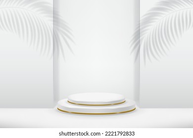 3d product display podium platform. 3d realistic white cylinder pedestal podium. The stage for the showcase. Minimal wall scene for mockup product display. 3d podium vector illustration.