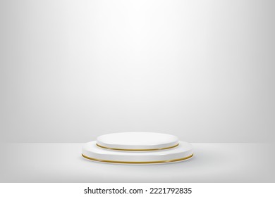 3d product display podium platform. 3d realistic white cylinder pedestal podium. The stage for the showcase. Minimal wall scene for mockup product display. 3d podium vector illustration.