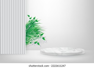 3d product display podium platform. 3d realistic white marble cylinder pedestal on white background. The stage for the showcase. Minimal wall scene for mockup product display. 3d vector illustration.