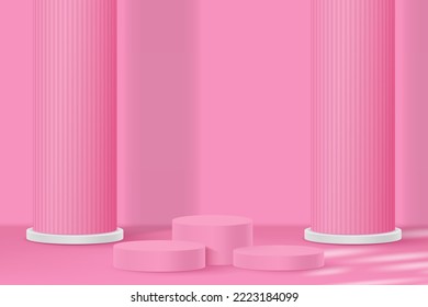 3d plataforma de podio de visualización de producto. 3d podio peatonal de cilindro rosa realista. El escenario de la vitrina. Escena mínima de pared para la visualización de productos de simulación. Ilustración vectorial de podio 3d.