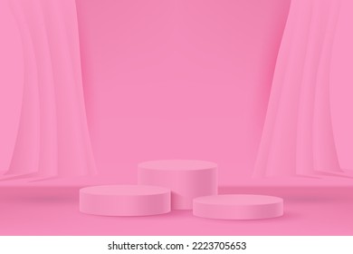 3d product display podium platform. 3d realistic pink cylinder pedestal with curtain decoration.The stage for the showcase. Minimal wall scene for mockup product display.3d podium vector illustration.