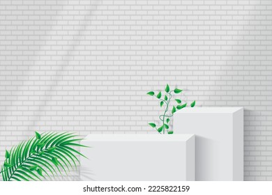 3d pantalla de producto plataforma de podio sobre fondo de pared de ladrillo en bloque. 3d peatón de cubos blancos realistas con decoración de ventana y cortina. Ilustración vectorial de podio 3d.
