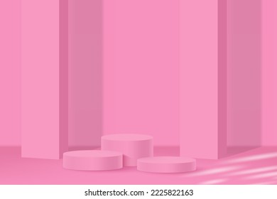 3d plataforma de podio de visualización de producto. 3d podio peatonal de cilindro rosa realista. El escenario de la vitrina. Escena mínima de pared para la visualización de productos de simulación. Ilustración vectorial de podio 3d.