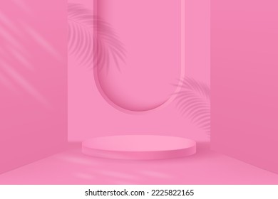 3d product display podium platform. 3d realistic pink cylinder pedestal podium. The stage for the showcase. Minimal wall scene for mockup product display. 3d podium vector illustration.