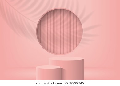 3d plataforma de podio de visualización de producto. 3d podio peatonal de cilindro rosa realista. El escenario de la vitrina. Escena mínima de pared para la visualización de productos de simulación. Ilustración vectorial de podio 3d.