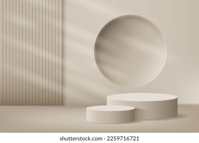 3d plataforma de podio de visualización de producto. 3d podio peatonal de cilindro marrón pálido realista.El escenario para la vitrina.Escena mínima de pared marrón claro para la visualización del producto de imitación. Ilustración vectorial de podio 3d.