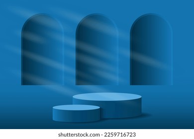 3D-Produkt-Display-Podium-Plattform. 3d realistisches blaues Flaschenfoto. Die Bühne für das Showcase. Minimal blaue Wandszene für die Produktdarstellung. 3D-Podium-Vektorgrafik.