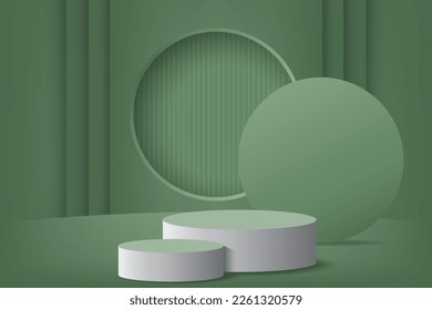 3d product display podium platform. 3d realistic green cylinder pedestal podium. The stage for the showcase. Minimal green wall scene for mockup product display. 3d podium vector illustration.