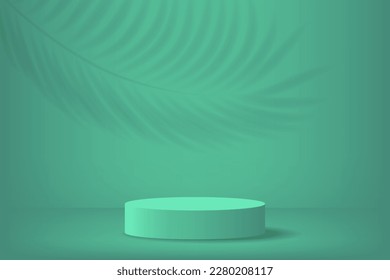 3d product display podium platform. 3d realistic green cylinder pedestal podium. The stage for the showcase. Minimal green wall scene for mockup product display. 3d podium vector illustration.