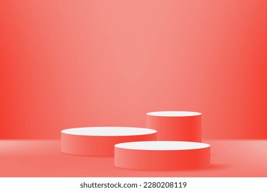 3d product display podium platform. 3d realistic orange cylinder pedestal podium. The stage for the showcase. Minimal wall scene for mockup product display. 3d podium vector illustration.