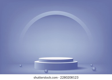 3d plataforma de podio de visualización de producto. 3d podio peatonal de cilindro morado realista. El escenario de la vitrina. Escena de pared púrpura mínima para la visualización de productos de simulación. Ilustración vectorial de podio 3d.