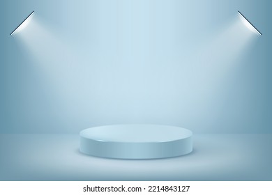 3d product display podium platform.3d realistic cylinder pedestal podium.The stage for the showcase. Minimalism wall scene for mockup product display.3d podium vector illustration.