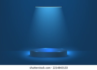 3d pantalla de producto plataforma de podio.3d podio peatonal de cilindro azul oscuro realista.El escenario para la vitrina. Escena de pared minimalista para la visualización de producto de simulación.Ilustración vectorial de podio 3d.