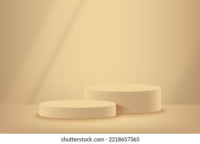3d pantalla de producto plataforma de podio.3d podio peatonal de cilindro beige realista.El escenario para la vitrina. Escena de pared minimalista para la visualización de producto de simulación.Ilustración vectorial de podio 3d.