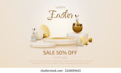 3d product display podium and realistic bunny with gold easter egg elements. Banner template design.