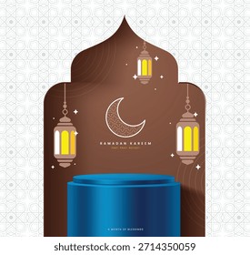 Plantilla de podio de exhibición de producto 3D para Ramadan Kareem, ambientada frente a un telón de fondo de arco de mezquita marrón con patrones tradicionales, luna creciente y linternas iluminadas colgantes.