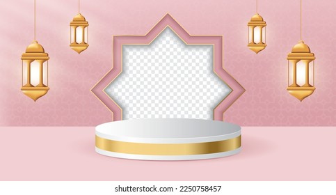 3d product display podium themed islamic with lantern for ramadan. Islamic 3d display podium decoration with realistic lantern. Social media post with empty space for photo. Vector illustration