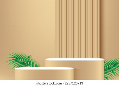 3d product display podium with wood pattern background. 3d realistic beige cylinder pedestal podium. Minimalism wall scene for mockup product display.3d background vector illustration.