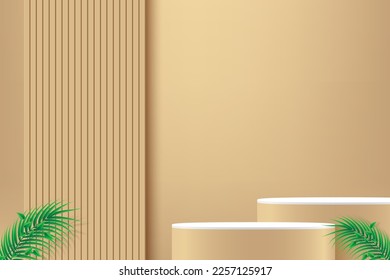 3d product display podium with wood pattern background. 3d realistic beige cylinder pedestal podium. Minimalism wall scene for mockup product display.3d background vector illustration.