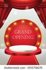 3d product display red and white podium grand opening poster template with curtains