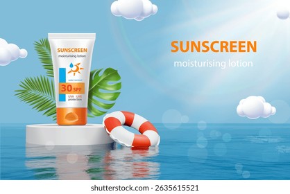 3d product display scene with sunscreen cream tube. Lotion . Tube mock up with a swim ring on sea ocean surface.. Summer cosmetic product promotion.