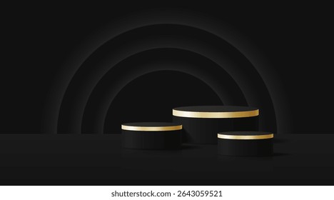 3D product display stand. black and gold geometric platform on black background. Abstract geometric shapes in a simple design. Fashion stage mockup scene. Studio product display stand.