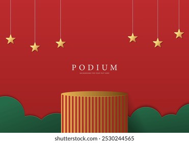 3D product display stand, gold circle on red background. Abstract geometric shapes in a simple design. Fashion stage mockup scene. Studio product display stand. Product advertising stand