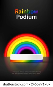 3D Product display stand podium banner with colorful rainbow, black background for children clothes toy shop, kid fashion discount sale promotion, Pride month online store,  LGBT, LGBTQ, LGBTQIA post